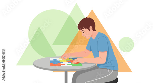 A Person Solves Jigsaw Puzzle, Focusing on Precision and Concentration for Completion