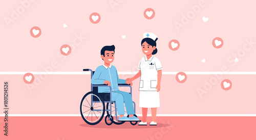 Compassionate Nurse Assists Patient in Wheelchair, Surrounded by Loving Hearts, in Gentle Care