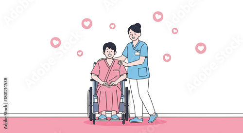 Compassionate Nurse Assists Patient in Wheelchair Showing Kindness and Care in Clinic