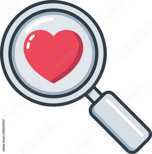 Magnifying glass vector with a vibrant red heart symbol inside its lens for love search concept