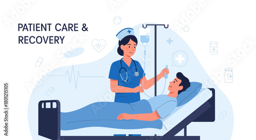 Medical Illustration Featuring Nurse Attending Patient Undergoing Intravenous Treatment