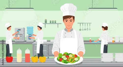 Healthy Chef Presenting Fresh Salad In Clean, Modern And Efficient Food Preparation Area