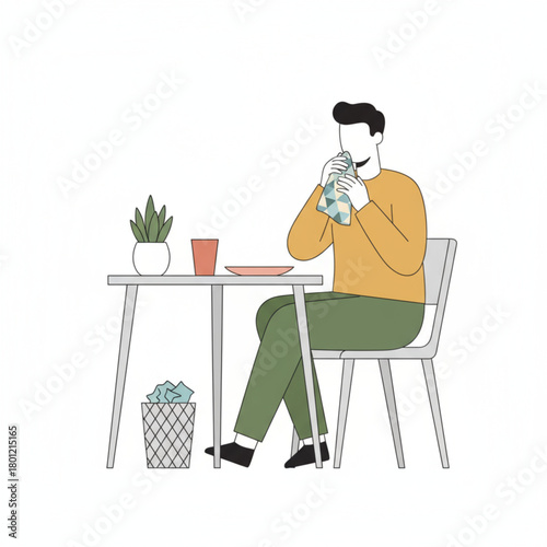 Young man enjoying a fresh organic meal and healthy drink at home vector.