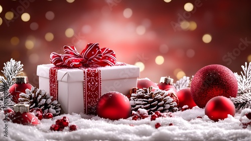 Festive scene with a beautifully wrapped gift among pine cones and red ornaments on a snowy background