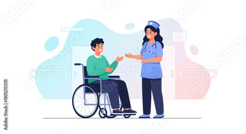 Hospital Consultation Depicting Disabled Patient Dialogue With Nurse In Modern Illustration
