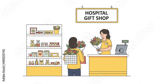 Hospital Gift Shop Illustration Featuring Flowers, Patient, and Employee In A Cheerful Scene