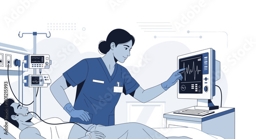 Hospital Nurse Monitoring Patient Vital Signs On Screen: Healthcare Medical Illustration.