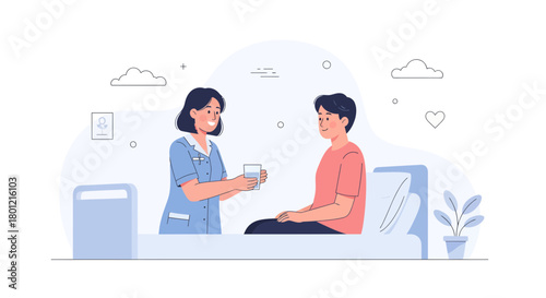 Hospital Nurse Providing Drink To Patient in Bed, Healthcare and Medical Assistant