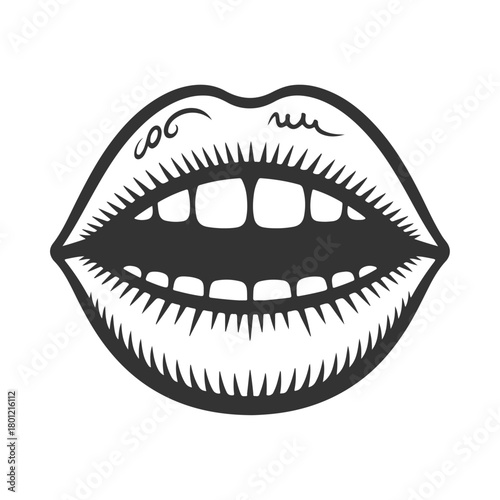 a black and white illustration of a mouth with teeth