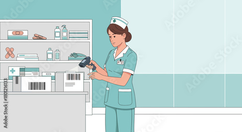 Hospital Nurse Scans Barcodes on Medical Supplies Ready To Dispense Healthcare