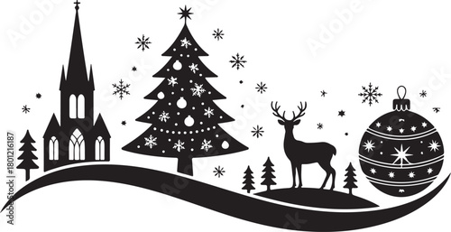 This Christmas silhouette card features a charming festive scene with a reindeer, hanging baubles, and gift boxes arranged beneath a Christmas display