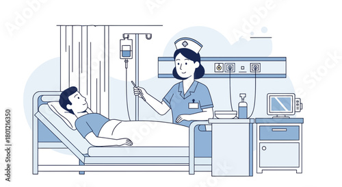 Hospital Scene: Nurse Attending Patient, Illustrating Medical Care in a Room Setting
