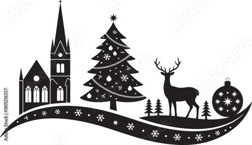 This Christmas silhouette card features a charming festive scene with a reindeer, hanging baubles, and gift boxes arranged beneath a Christmas display