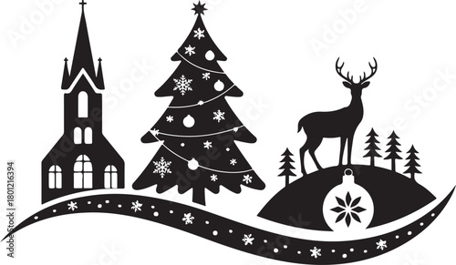 This Christmas silhouette card features a charming festive scene with a reindeer, hanging baubles, and gift boxes arranged beneath a Christmas display