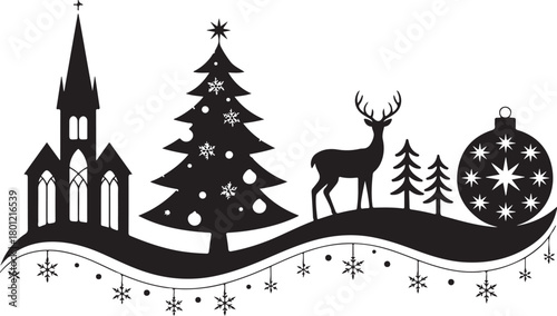 This Christmas silhouette card features a charming festive scene with a reindeer, hanging baubles, and gift boxes arranged beneath a Christmas display