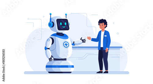 Illustration Of A Human Interacting With A Friendly Medical Robot In A Modern Setting