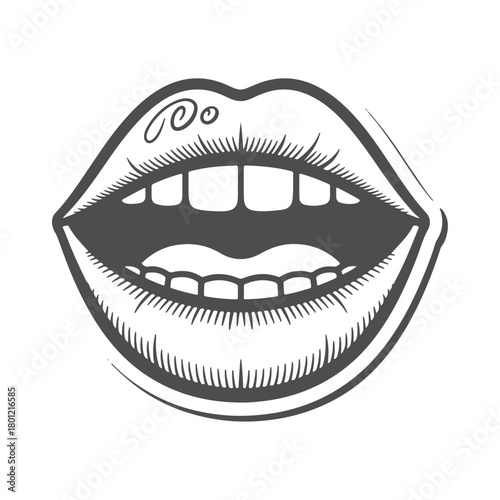 a black and white illustration of a mouth with teeth