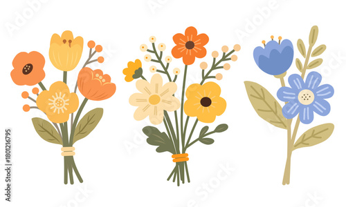 Flat Flower Bouquet Illustration Set for Spring Decor
