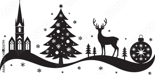 This Christmas silhouette card features a charming festive scene with a reindeer, hanging baubles, and gift boxes arranged beneath a Christmas display