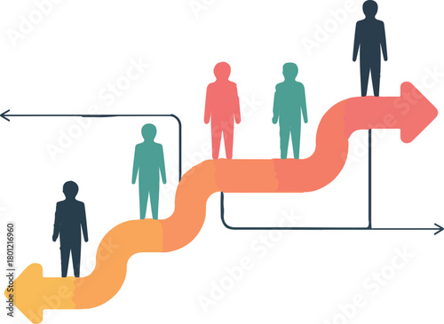 People silhouettes on a winding arrow path representing career progression and professional development vector