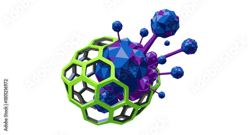 A striking 3D abstract rendering showcases a polygonal sphere with radiating elements, partially covered by a green hexagonal lattice, representing advanced science.
