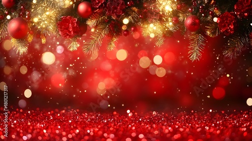 Festive red decorations create a magical atmosphere for the holiday season with lights and ornaments