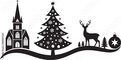 This Christmas silhouette card features a charming festive scene with a reindeer, hanging baubles, and gift boxes arranged beneath a Christmas display