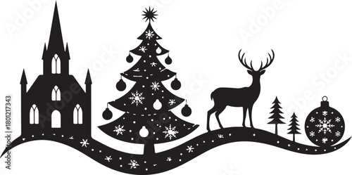 This Christmas silhouette card features a charming festive scene with a reindeer, hanging baubles, and gift boxes arranged beneath a Christmas display