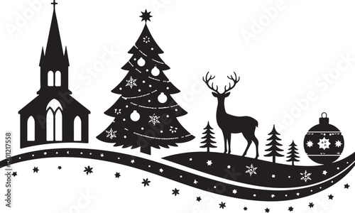 This Christmas silhouette card features a charming festive scene with a reindeer, hanging baubles, and gift boxes arranged beneath a Christmas display