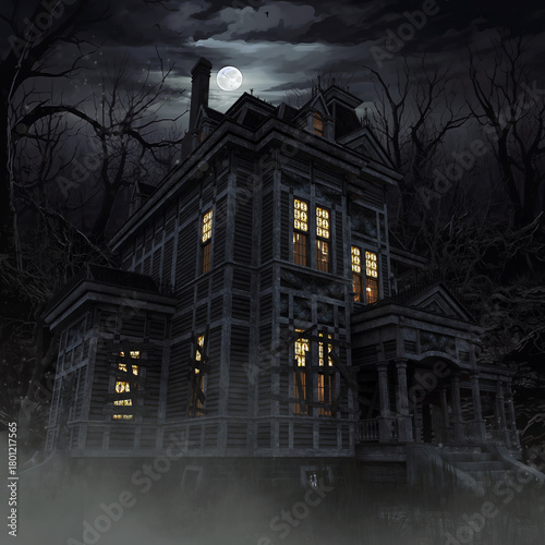 Spooky haunted house with light seen in the windows, surrounded by withered forest on a full moon night. Made from 3d resources and painted elements, no AI used.