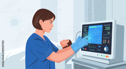Medical Professional Monitors Vital Signs of Patient Using Modern Healthcare Technology