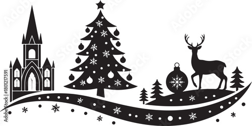 This Christmas silhouette card features a charming festive scene with a reindeer, hanging baubles, and gift boxes arranged beneath a Christmas display