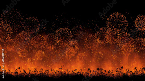Colorful of fireworks orange color tone , black background.
