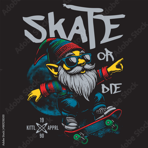 A whimsical gnome character riding a skateboard a playful street style design