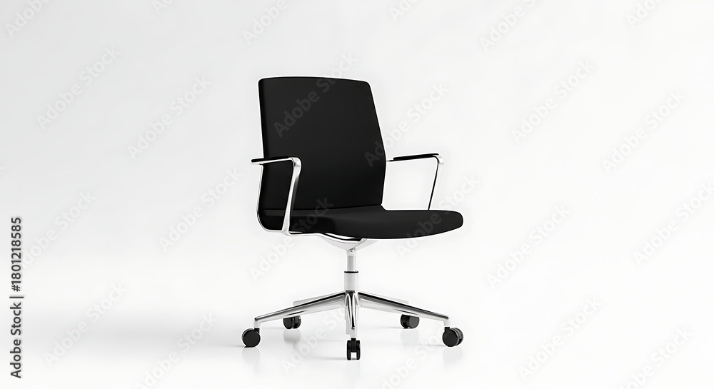 Obraz premium Modern black ergonomic office chair with chrome base and armrests on a clean white background