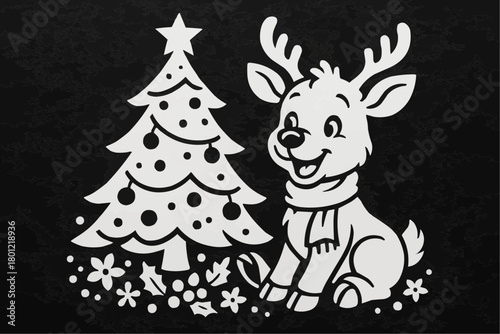 Vector stencil is a cute cartoon deer sitting next to a decorated Christmas tree, a decorative element for cutting, printing, window decoration.