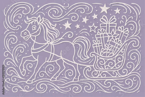 Vector stencil- a horse pulls a sleigh filled with gifts, decorative element for cutting, printing, window decoration.