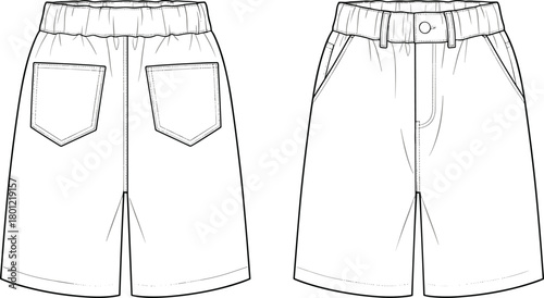 Technical flat sketch of shorts, front and back view, fashion design template, garment construction detail, flat vector illustration