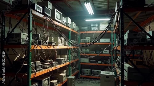 Retro technology warehouse filled with vintage computers and tangled wires, capturing a nostalgic tech vibe.