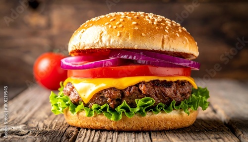 Delicious Cheeseburger with Fresh Toppings on a Rustic Wooden Surface.