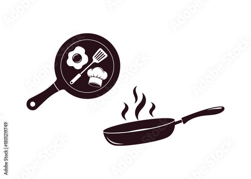 A basic vector illustration showcasing icons related to the cooking process with a frying pan or skillet.

