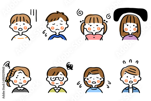 悲しい表情のこどもたちの上半身イラストセット①