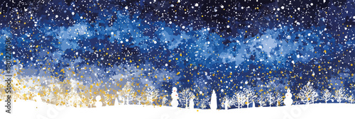 Malerischer Vektor einer verschneiten Winterlandschaft unter einem sternklaren, blauen Nachthimmel mit Milchstraße.