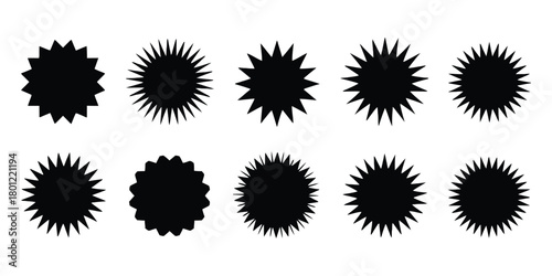 Collection of ten black starburst shapes with jagged edges and a distressed texture on a white background