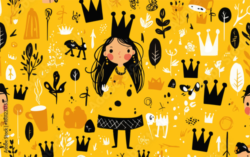 Fröhliches gelbes Vektor-Muster mit Prinzessinnenkopf, Kronen und stilisierten Naturmotiven für Kinder