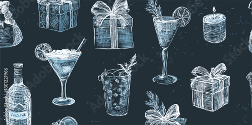 Nahtloses Muster mit handgezeichneten Geschenken, Cocktails und Kerzen in kühlen Blautönen für Feiern.