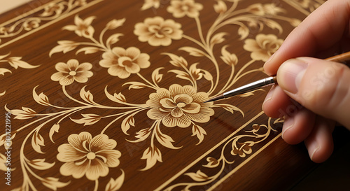 Close-up of artist hand painting intricate floral design on wooden surface with brush
