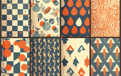 Sammlung verschiedener abstrakter Vektor-Muster in Blau-Orange-Tönen für modernes Design und Textilien.