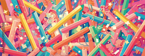 Buntes Durcheinander von bunten Bleistiften und Konfetti als lebendiger, farbenfroher Vektor-Hintergrund.