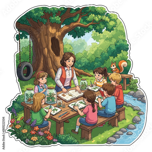 Children draw and color together at an outdoor park art workshop with peers and teacher.